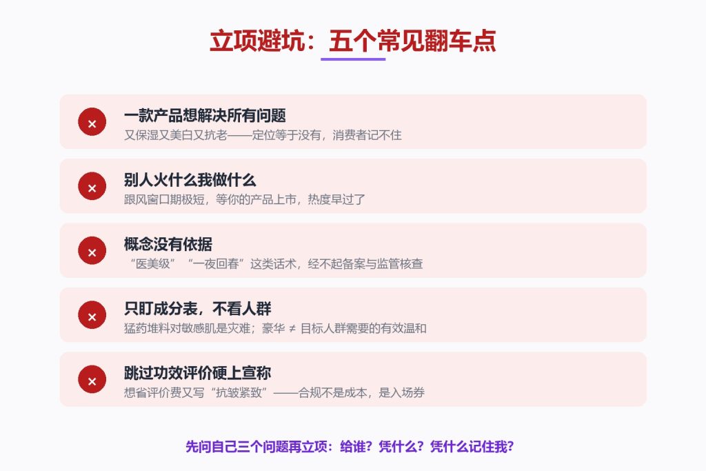 立项避坑清单:一款产品想解决所有问题、别人火什么做什么、概念没有依据、只盯成分表不看人群、跳过功效评价硬上宣称——五个常见翻车点