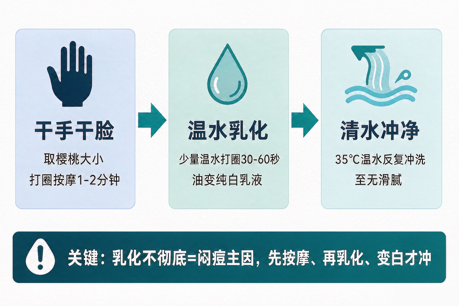 卸妆油正确使用三步:干手干脸→温水乳化→清水冲净,关键:乳化不彻底=闷痘主因