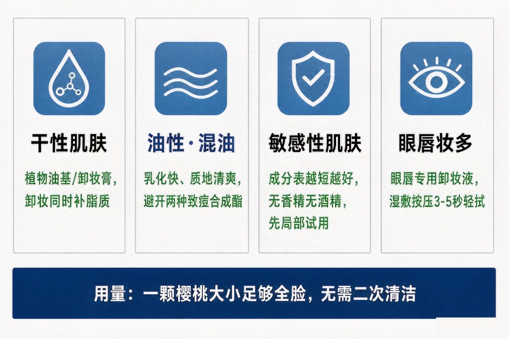 四类肤质选品决策卡——干性选植物油基、油性选清爽快乳化、敏感选精简成分、眼唇妆多用专用产品