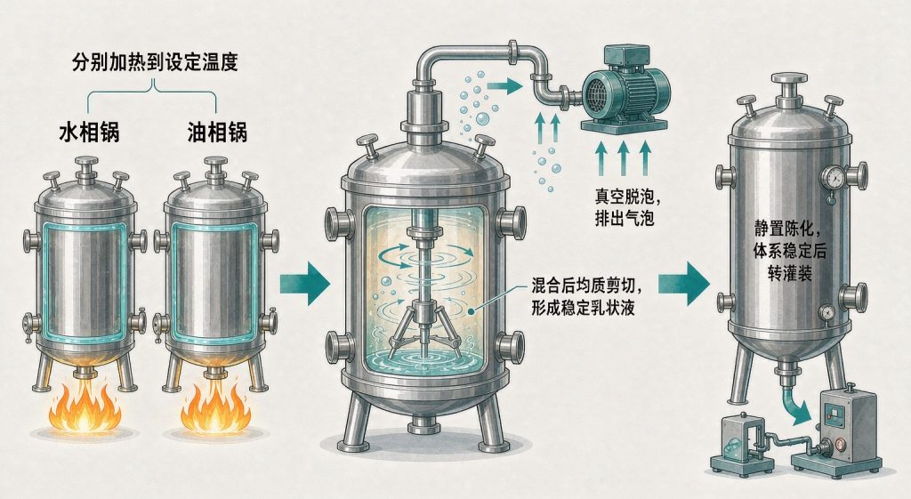 油相原料和水相原料分别在两个夹层锅内加热熔化/溶解到设定温度，然后在乳化锅内混合，经均质机高速剪切形成稳定乳状液